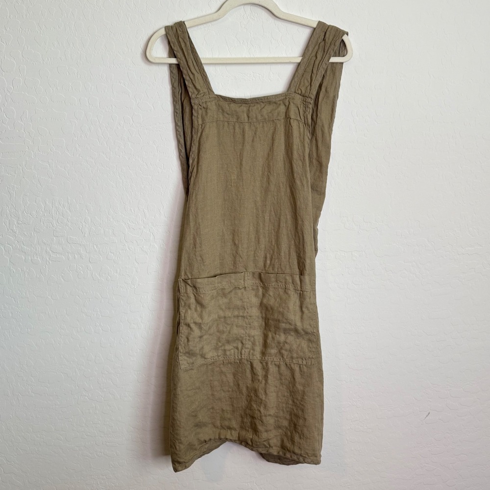 Trader Joes 100% Linen Japanese Cross Back Apron Olive Green Pinafore Pockets